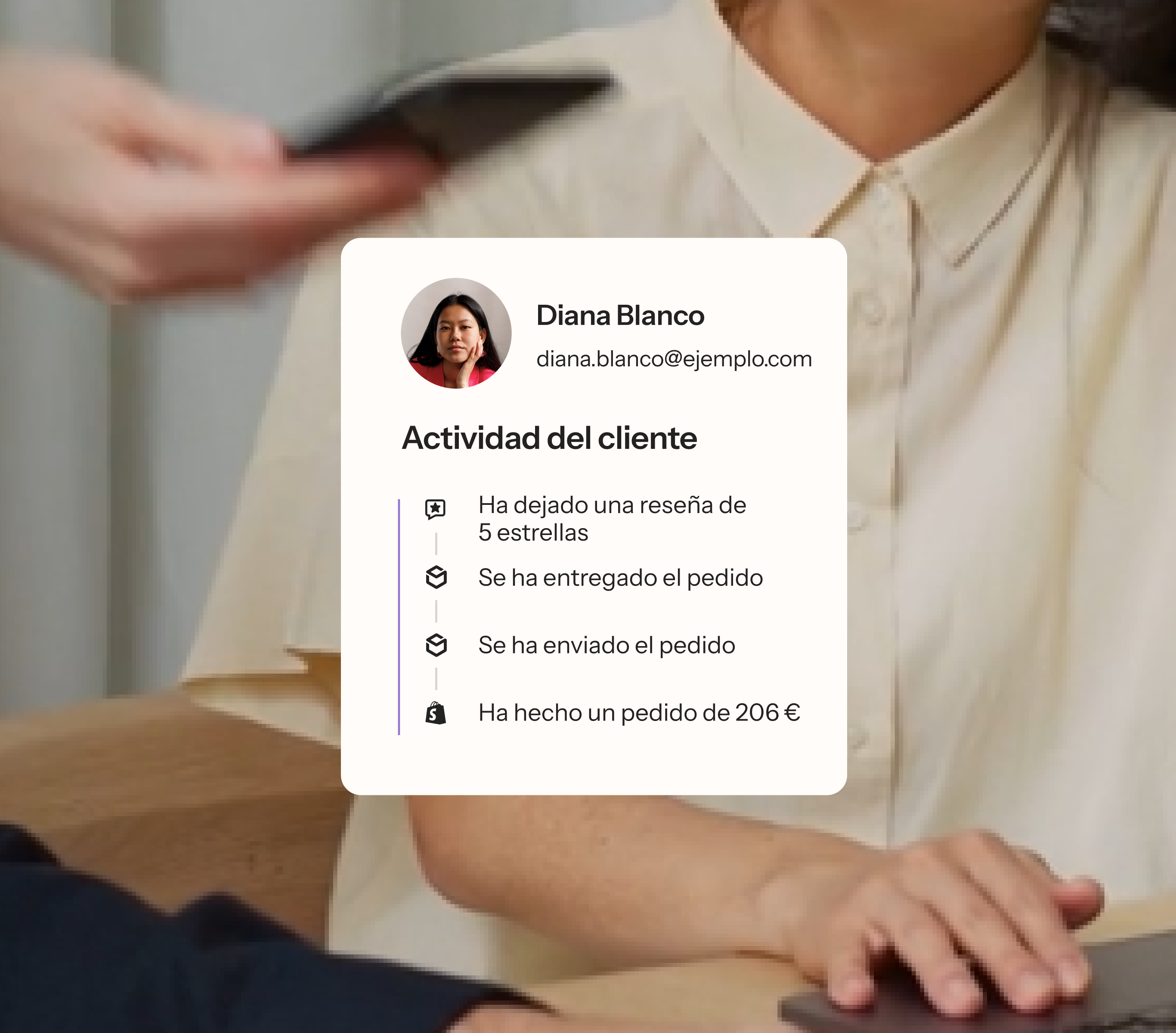 Customer activity card for Diana Kim showing a 5-star review, order delivery updates, and a €206 purchase.