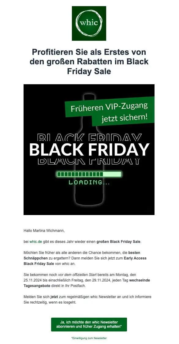 whic.de Black Friday Newsletter mit VIP-Zugangshinweis, Ladebalken und Anmeldeoption für frühzeitige Angebote.