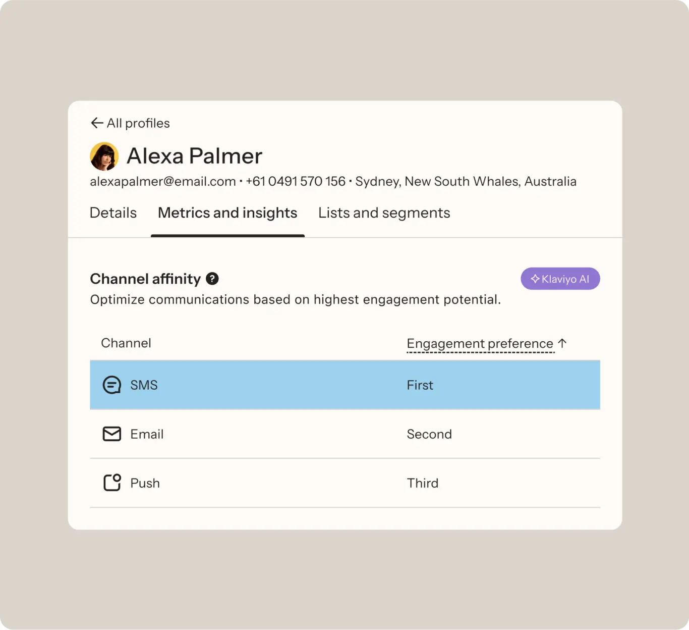 Profile interface for Alexa Palmer, showing channel affinity preferences: SMS first, Email second, Push third.