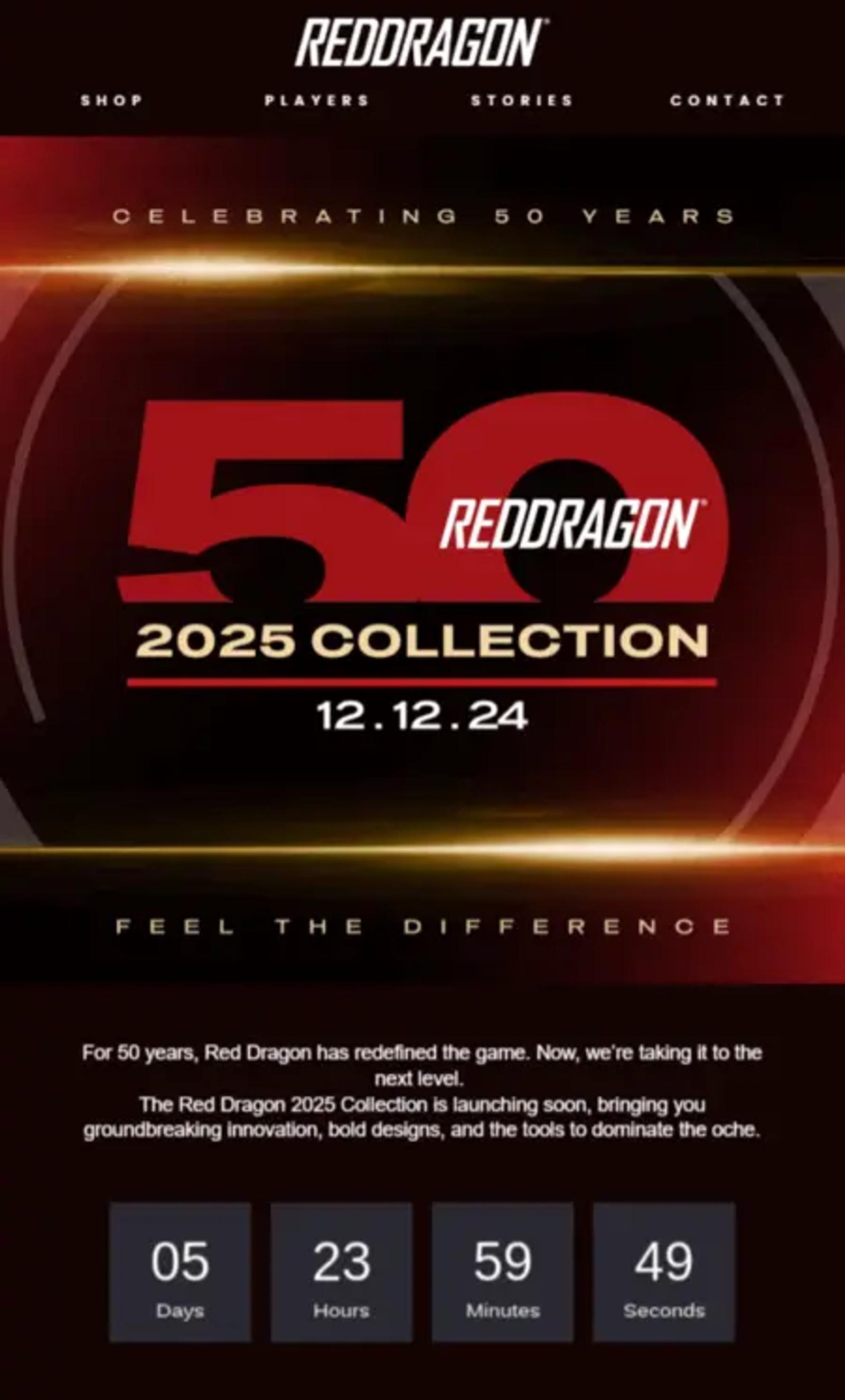 Image shows a red and black email with a large text motif at the top that says, “Red Dragon 50 2025 Collection.” Underneath is a countdown timer made up of grey boxes that say 5 days, 23 hours, 59 minutes, and 49 vccseconds in white text.