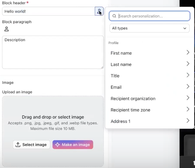 Content editor with personalization dropdown showing fields like First name and Email, alongside an image upload section.