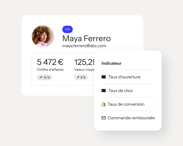 VIP customer profile dashboard showing revenue, average order value, and engagement metrics.