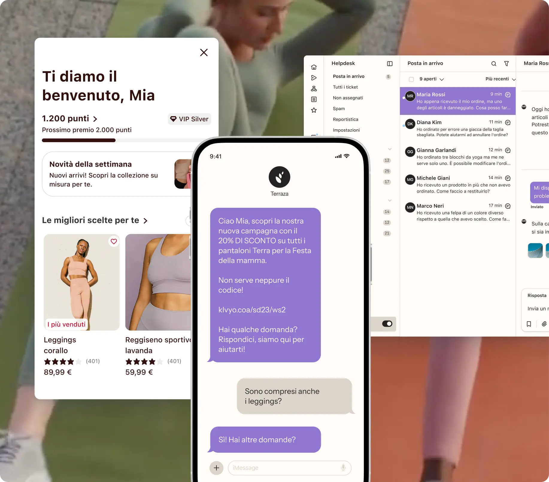 Schermata di un'app di messaggistica su smartphone con offerte di abbigliamento sportivo e una conversazione di assistenza clienti.