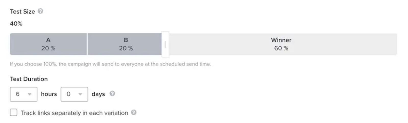 Image shows an A/B test in the back end of Klaviyo, with 20% of subscribers receiving Version A and 20% receiving Version B, and the winning version going out to the remaining 60% of recipients. The test is set for a 6-hour duration.