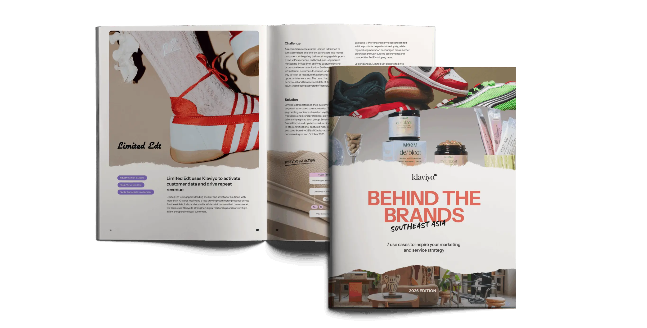 Cover and open pages of "Behind the Brands: Southeast Asia" book, featuring sneakers and skincare products.