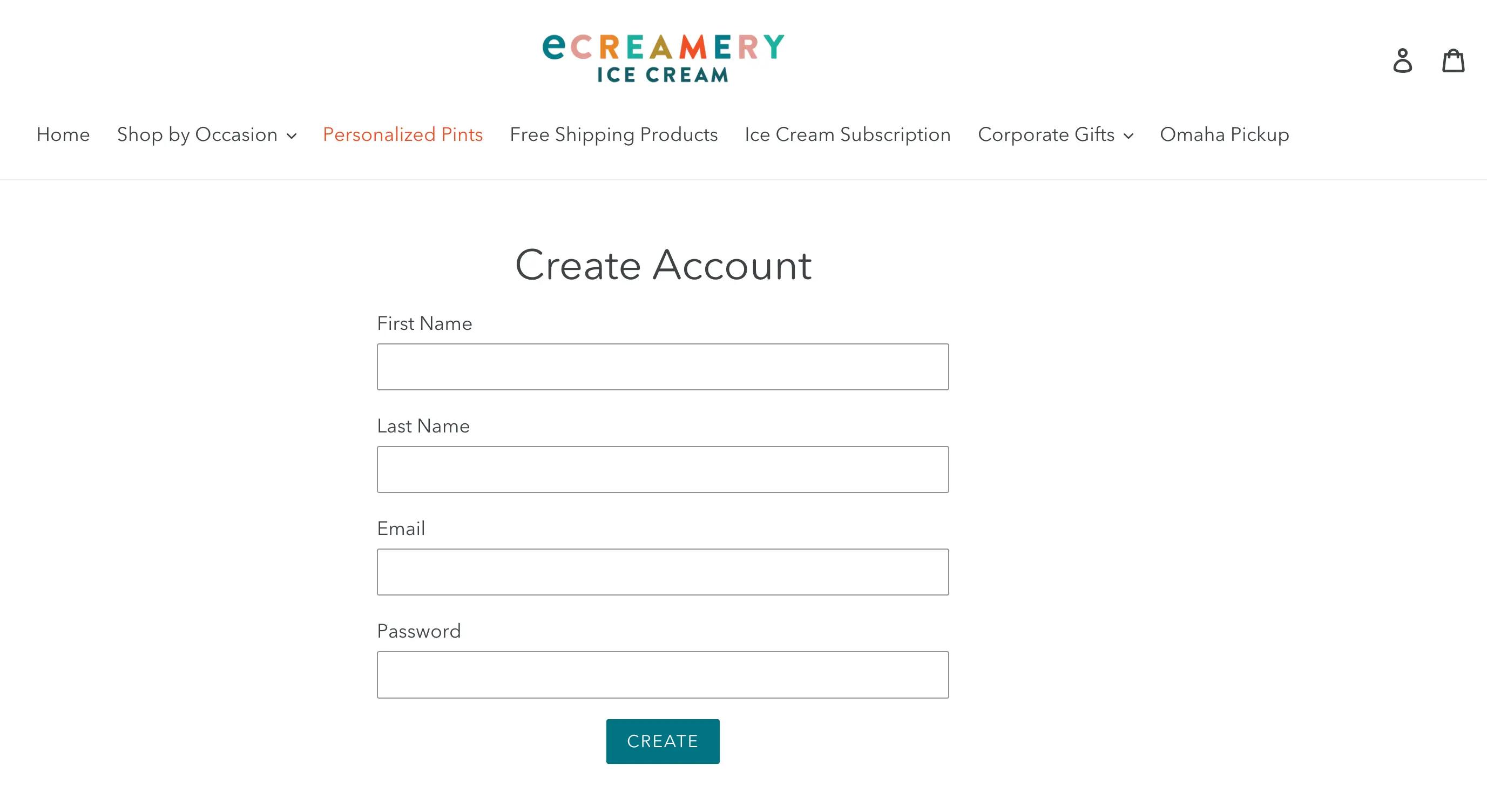Image shows a screen on ecreamery’s website where users can create an account, entering their first and last names, email, and password.