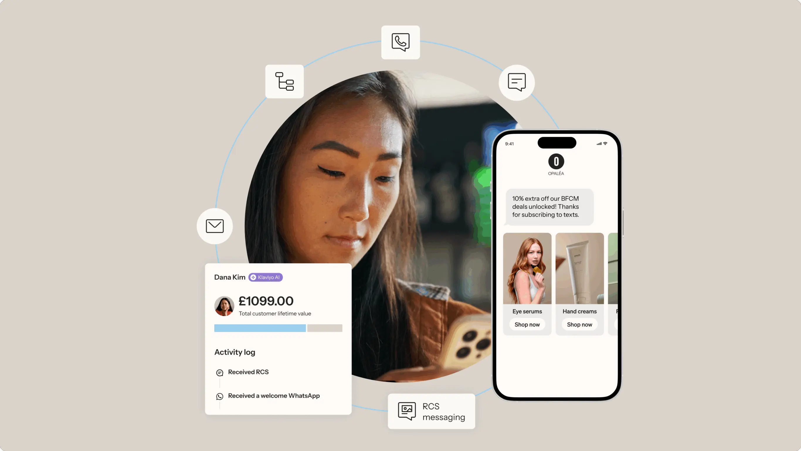 Woman using a smartphone with a digital interface showing customer data and marketing messages. Icons represent communication methods.