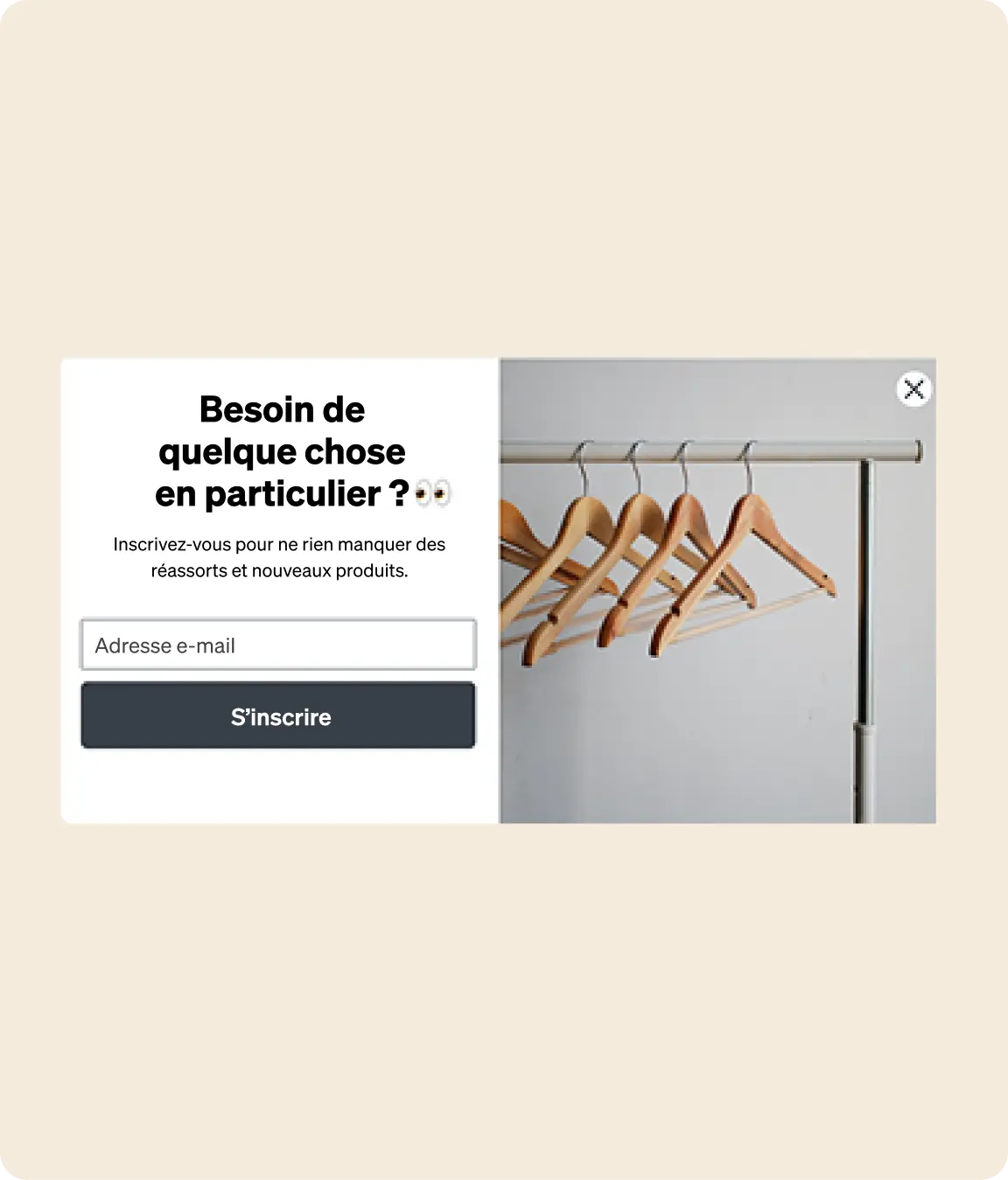 Formulaire d'inscription avec texte "Besoin de quelque chose en particulier ?", champ e-mail et bouton "S'inscrire", à côté de cintres.
