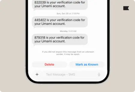 Text messages on a smartphone screen showing verification codes for an Umami account, with options to delete or mark as known.