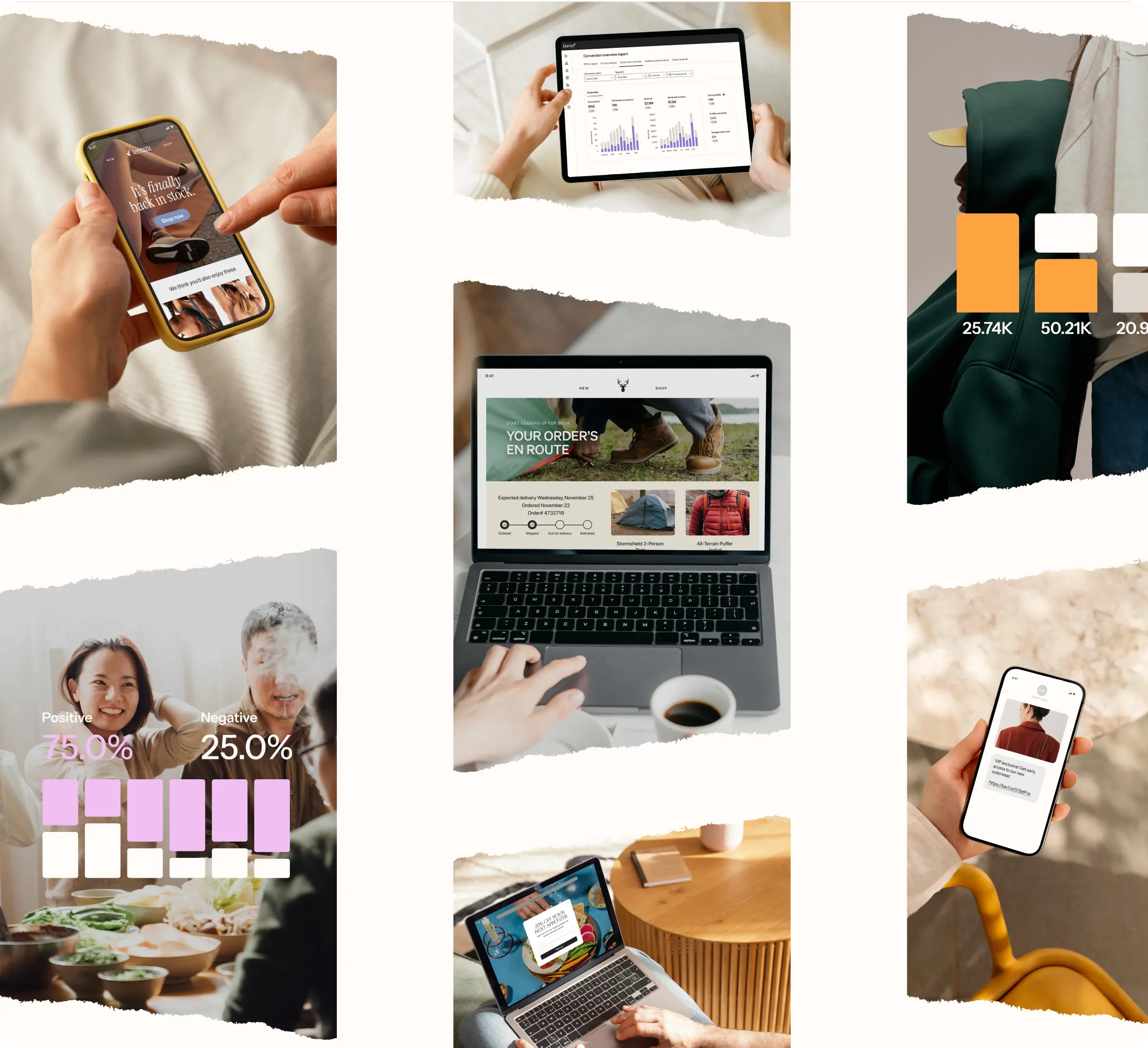 Collage von Leuten, die Geräte nutzen, auf denen Shopping-Apps, Diagramme und Social-Media-Auswertungen angezeigt werden. Außerdem sind ein Balkendiagramm und ein Diagramm zu einem positiven/negativen Stimmungsbild zu sehen.