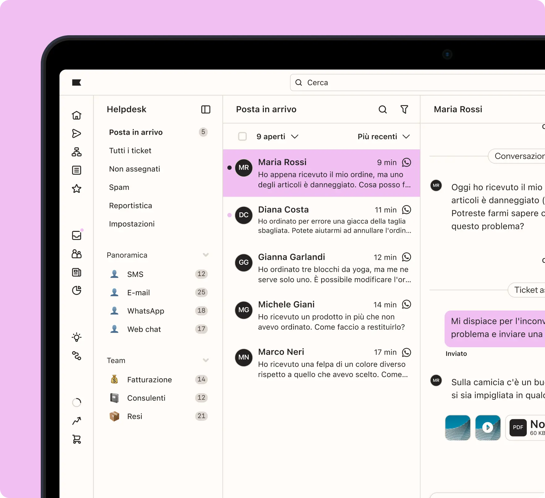 Interfaccia di un software helpdesk con una lista di ticket e conversazioni. Mostra messaggi di clienti come Maria Rossi e Diana Costa.