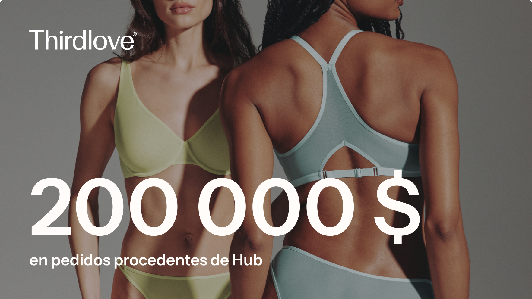 Two models wearing pastel bras and underwear (front and back views) beside text reading ‘ThirdLove’ and ‘20K in Hub-driven orders.’