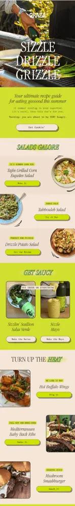 Screenshot from an email marketing newsletter by Graza, which features a beige and green color palette and images of various plates of food. In the hero image, there is a hand holding a bottle of olive oil, which is being drizzled on top of some vegetables on a grill.