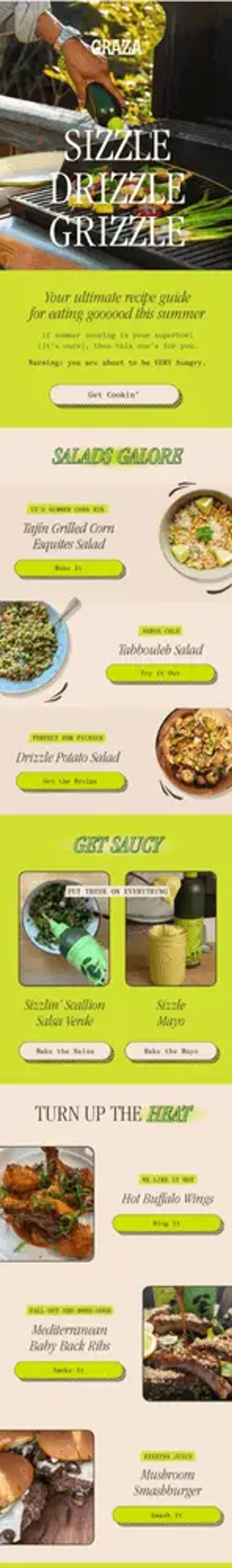 Screenshot from an email marketing newsletter by Graza, which features a beige and green color palette and images of various plates of food. In the hero image, there is a hand holding a bottle of olive oil, which is being drizzled on top of some vegetables on a grill.