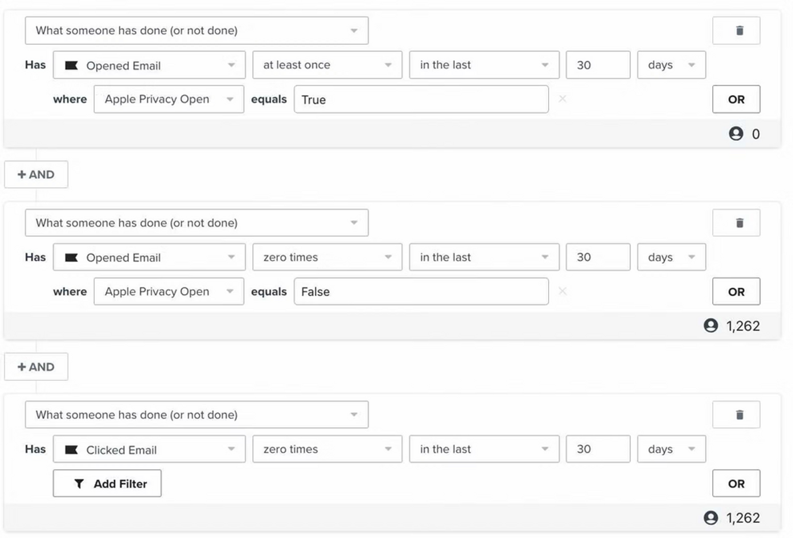 Product screenshot of Klaviyo’s Apple Mail Privacy workaround settings, which show filtering for email recipients who have opened an “Apple Privacy Open”, indicated by a field that equals “True”. Underneath is another filter for the same condition, but the field equals “False” to indicate the recipient has not opened an Apple Privacy Open email.