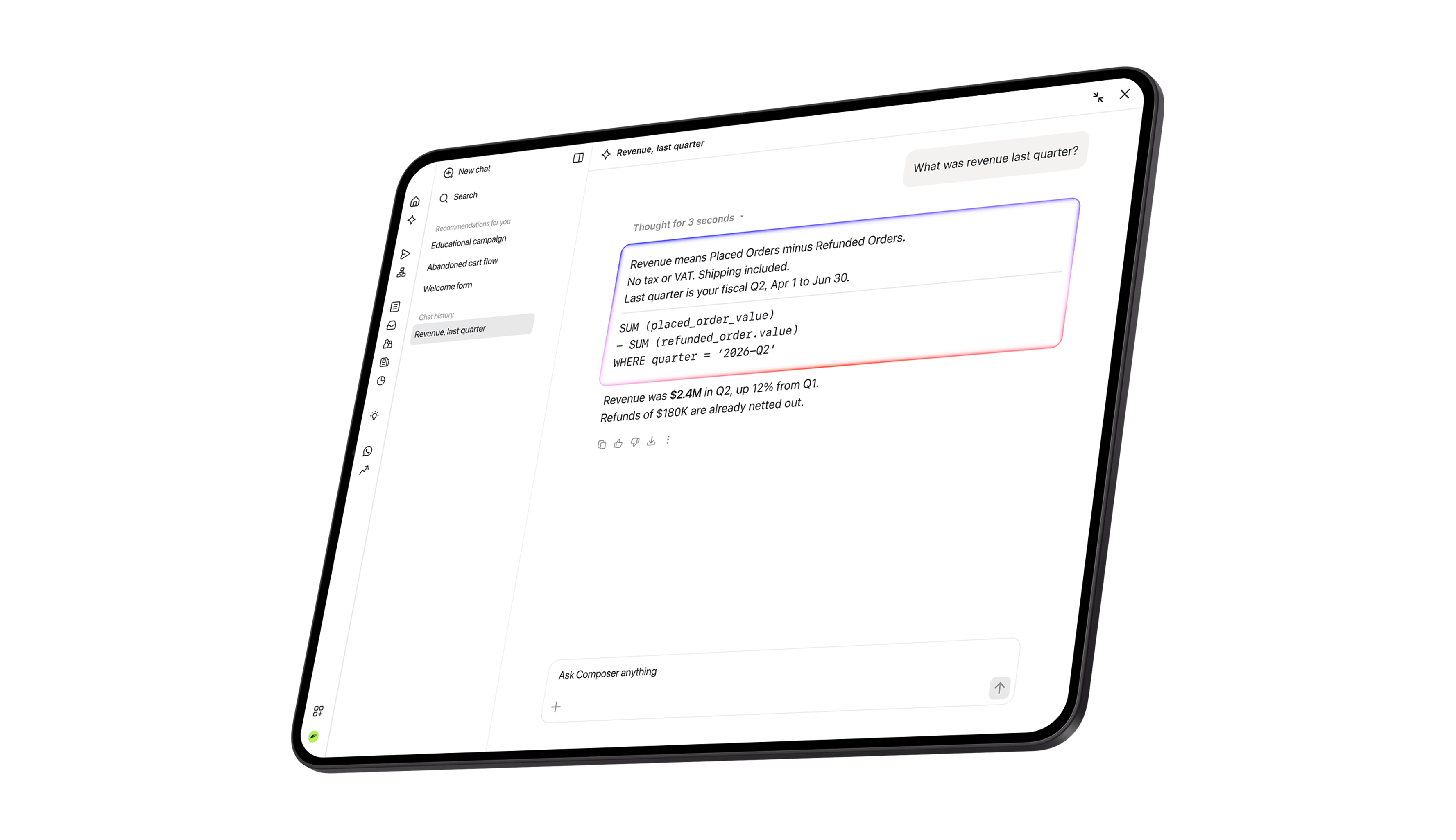 AI chat interface answering a revenue query with calculation details and a $2.4M Q2 result.