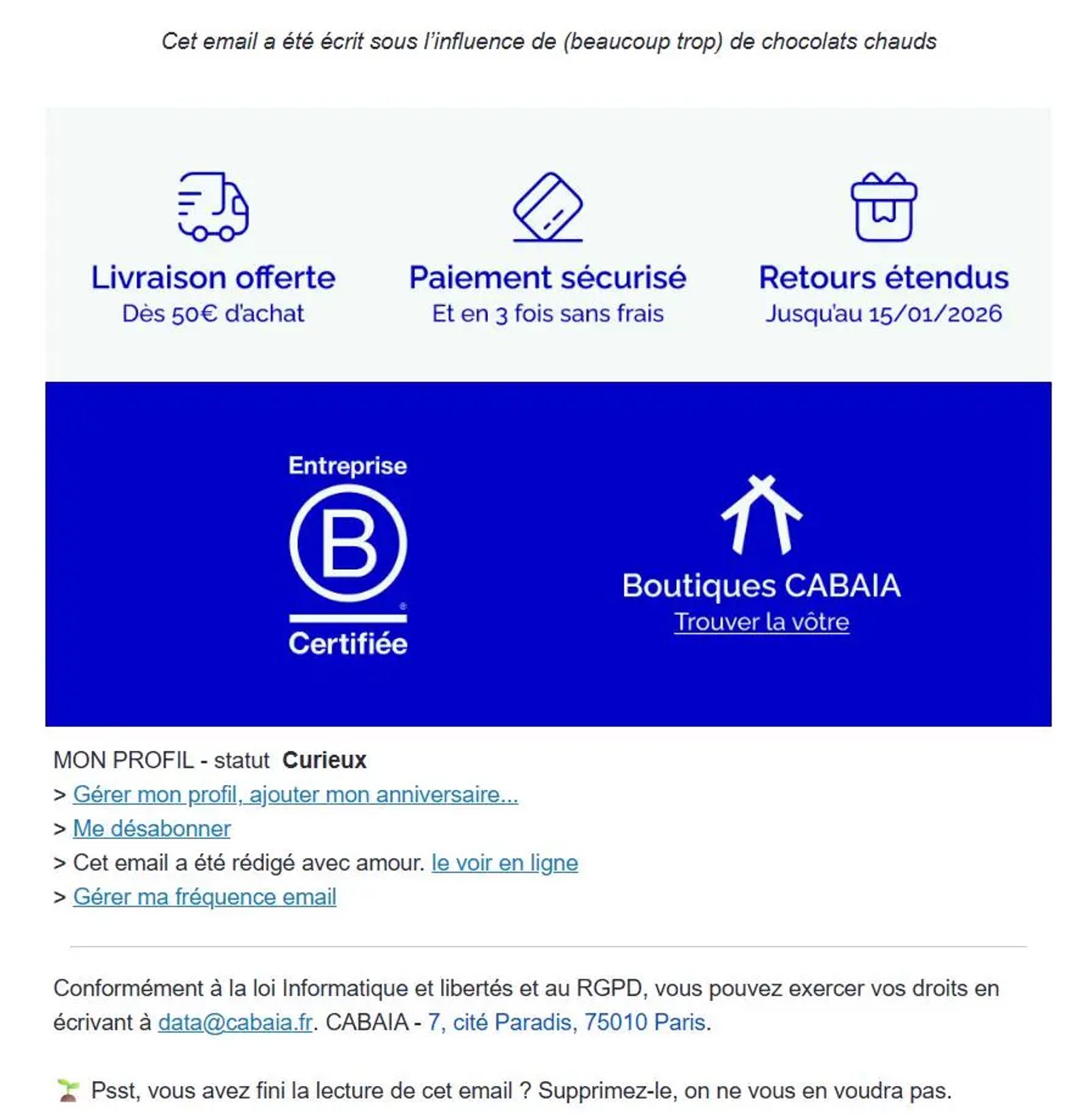 Email promotionnel de Cabaia avec offres de livraison gratuite, paiement sécurisé, retours étendus, et informations de profil.