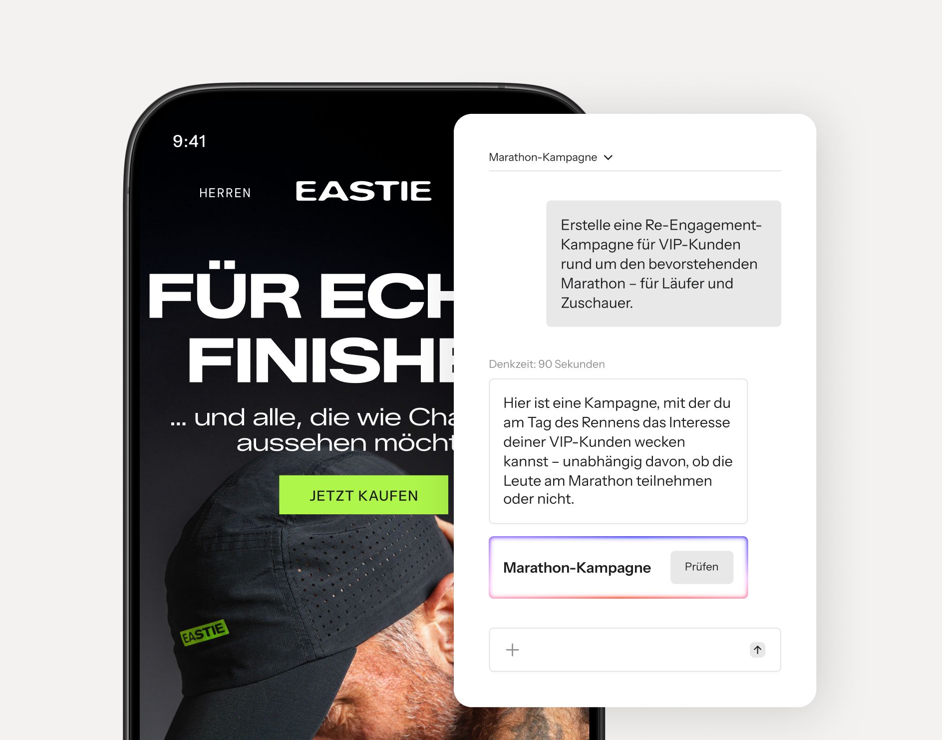 A smartphone displaying a fitness clothing website with an AI-powered pop-up suggesting a "Marathon campaign."