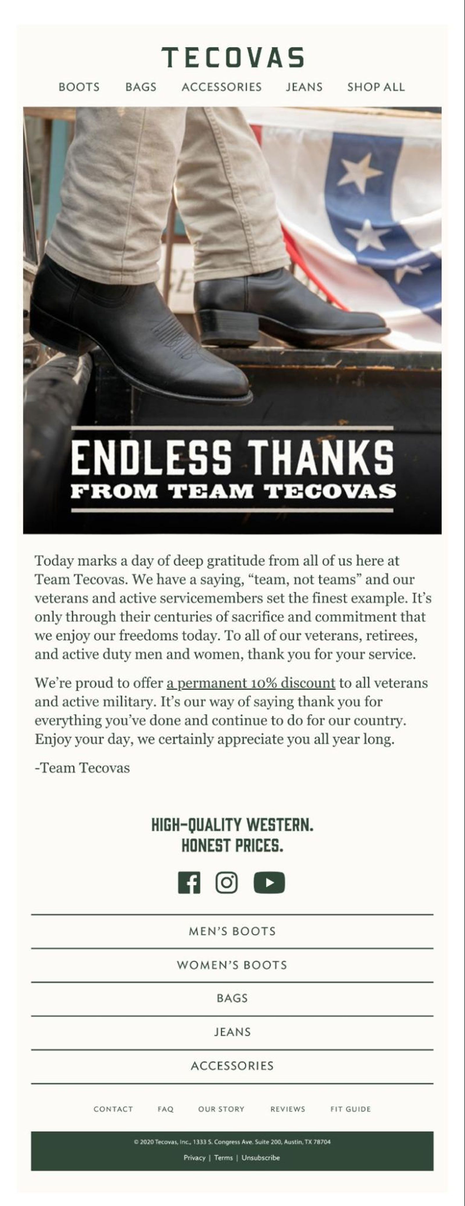 A person wearing black cowboy boots stands in front of a Texas flag, with the text "ENDLESS THANKS FROM TEAM TECOVAS."