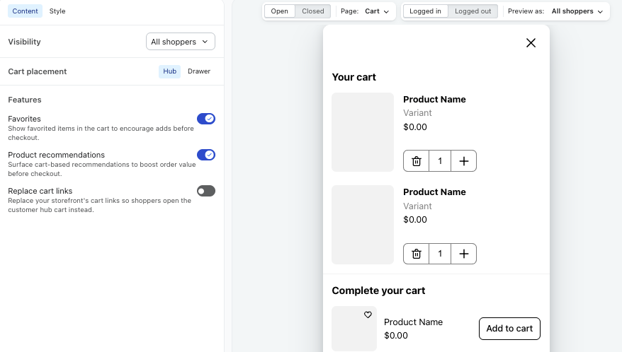 E-commerce backend interface showing cart settings on the left and a shopping cart pop-up preview with generic product listings on the right.