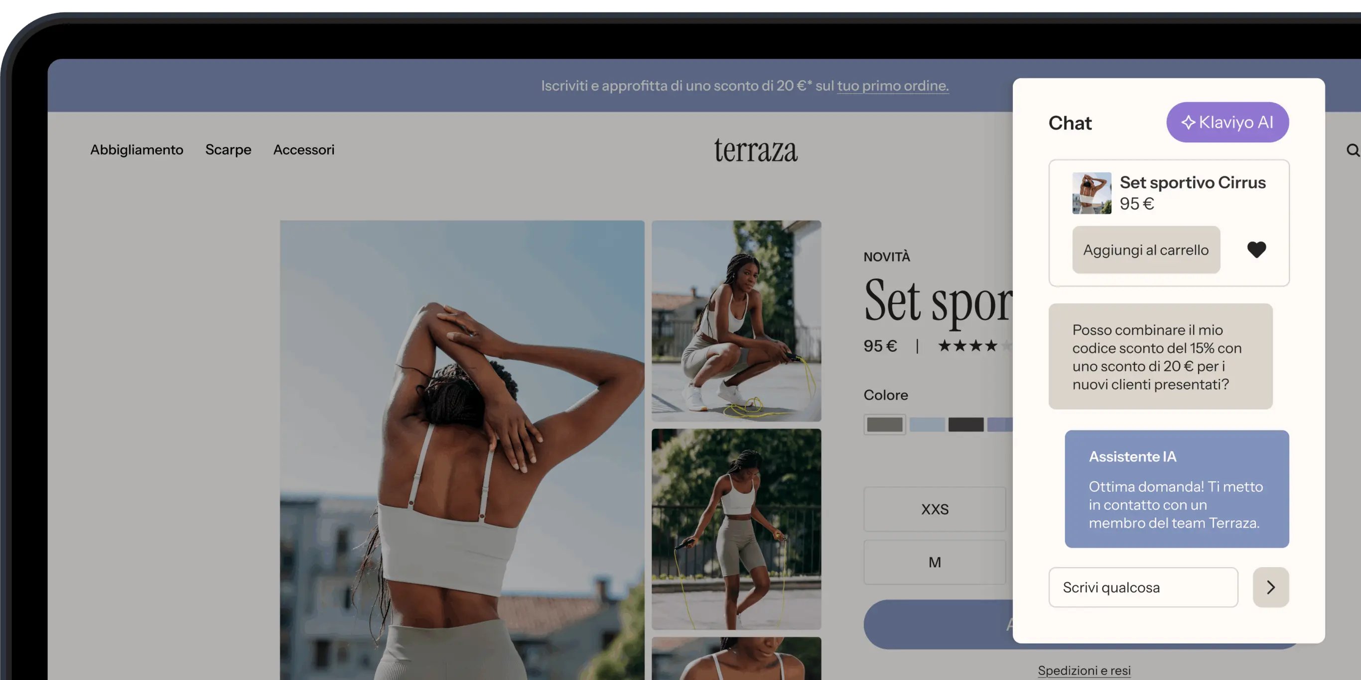 Pagina web di un negozio online "Terraza" con immagini di abbigliamento sportivo e una chat con assistente AI.