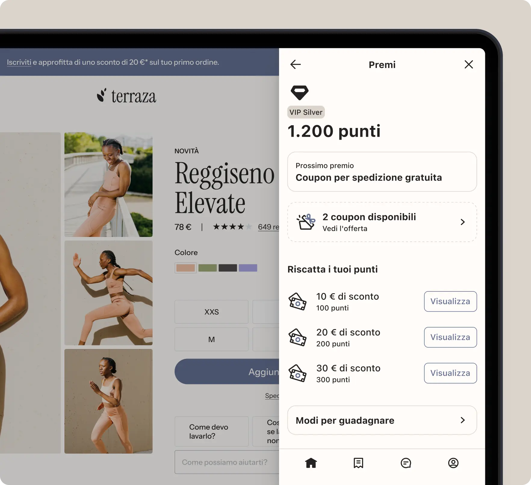 Interfaccia di un sito di shopping online che mostra la pagina dell'articolo "Lumen Ele" (abbigliamento sportivo) e un pannello dei premi indicante i punti e le opzioni per i coupon.