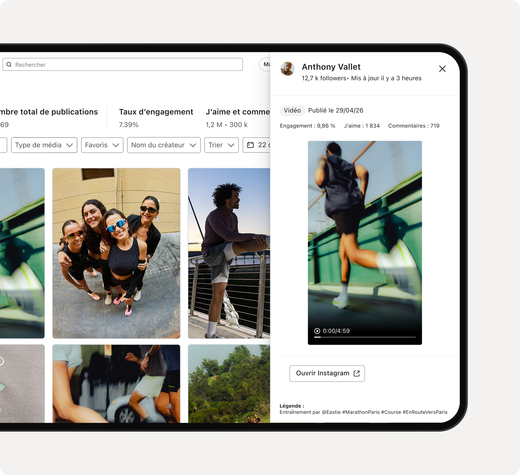 A social media management platform showing a grid of content and a detailed view of a running video.