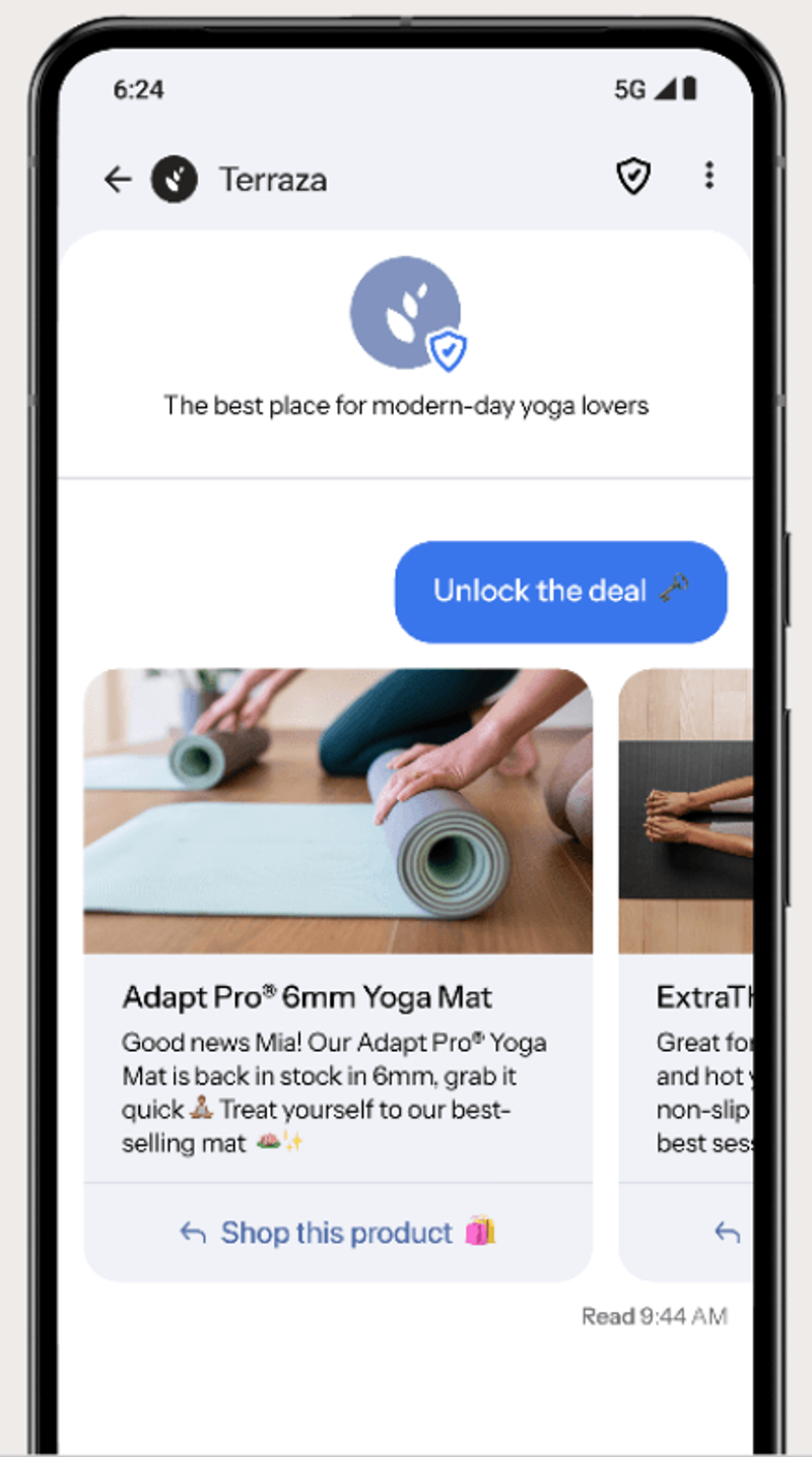 A smartphone screen showing a Terrazza yoga app with product listings for yoga mats, one being rolled up, and an "Unlock the deal" button.