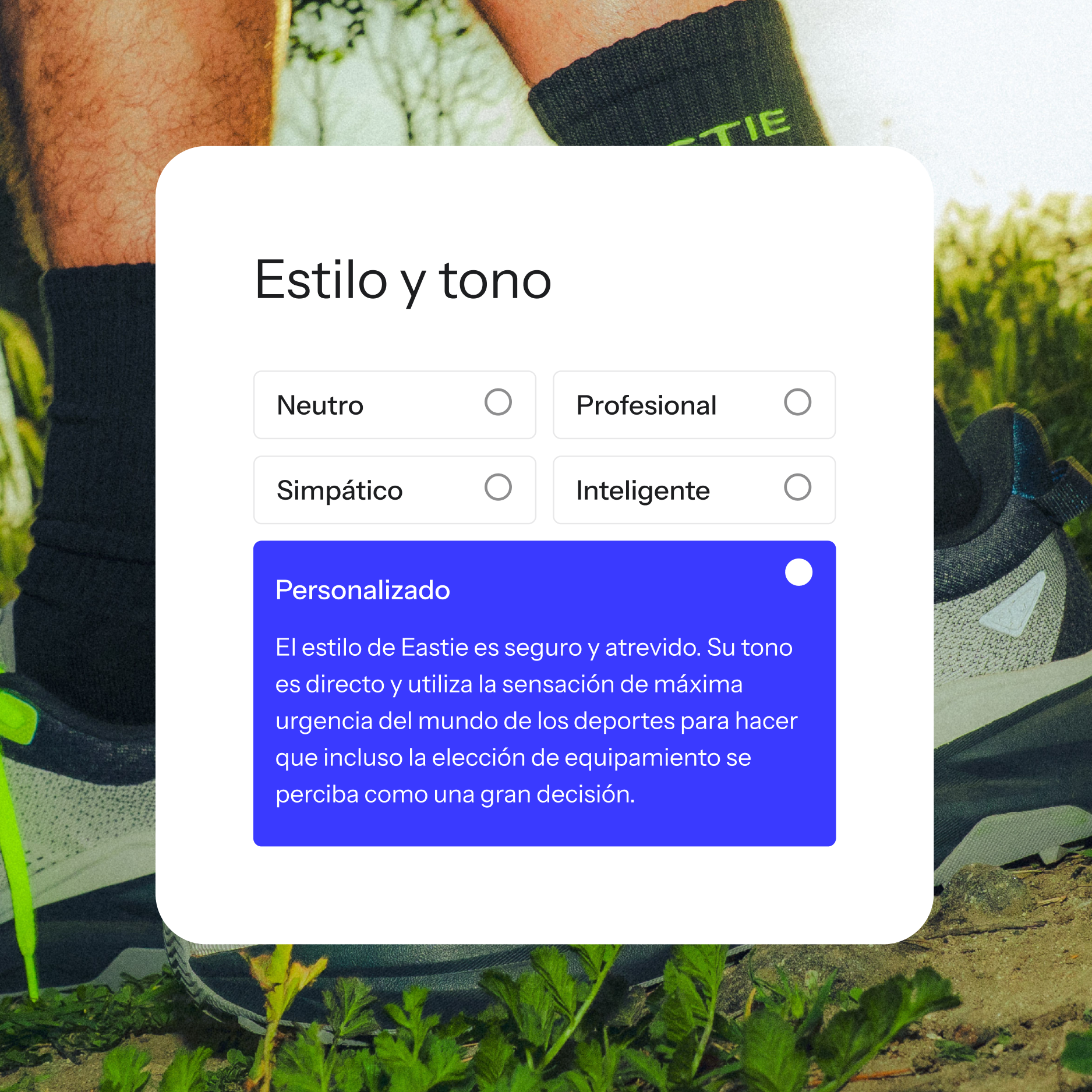 User interface for "Voice and tone" settings, with "Custom" selected and showing a detailed description of "Eastie's voice and tone", overlaid on a blurred background of a person wearing "EASTIE" branded socks and running shoes outdoors.