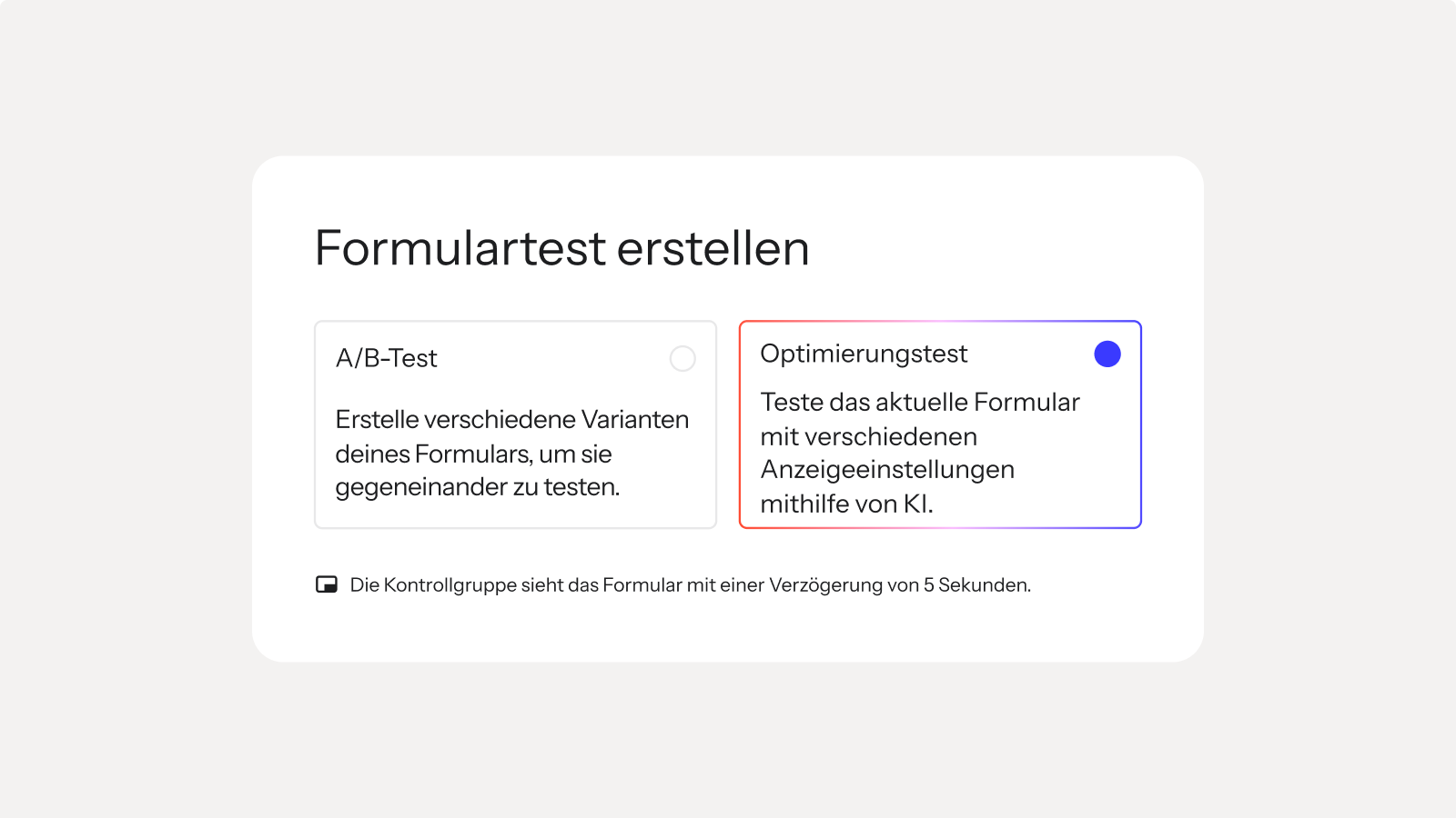 A UI panel for creating a form test, with "Optimization Test" selected.