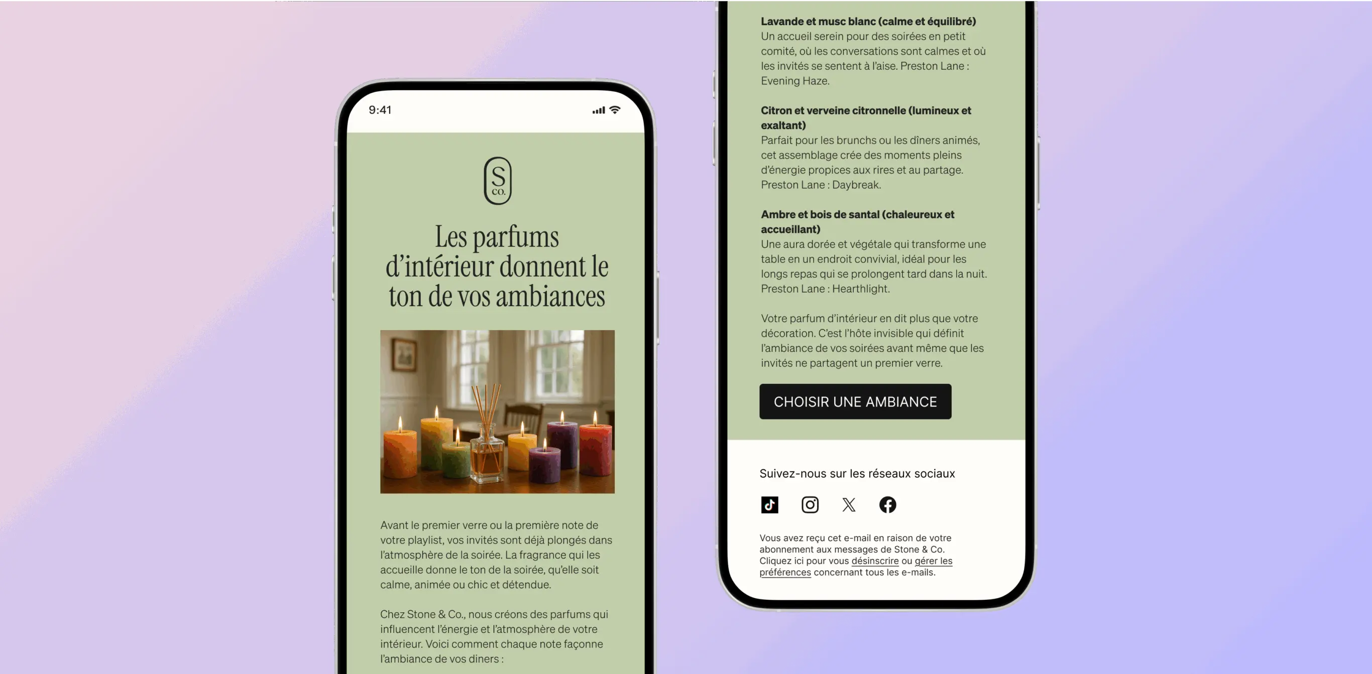 Deux écrans de smartphone affichent un site sur les parfums d'intérieur, avec des bougies et des descriptions de senteurs.