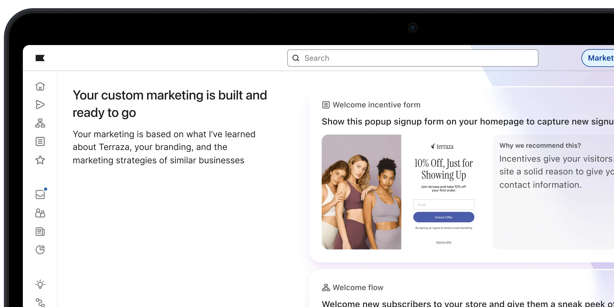 Marketing dashboard displaying a custom marketing message and a popup signup form offering a 10% discount for new subscribers.