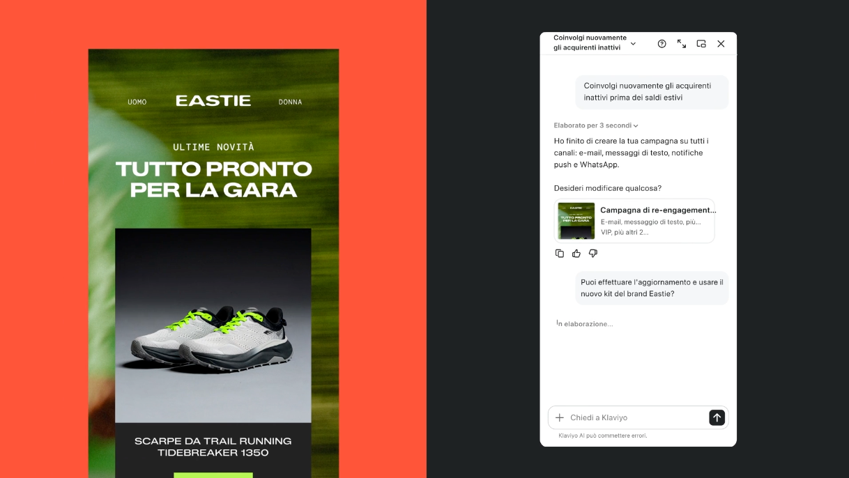 Mobile e-commerce page displaying Eastie trail running shoes next to a mobile chat interface discussing re-engagement campaigns.