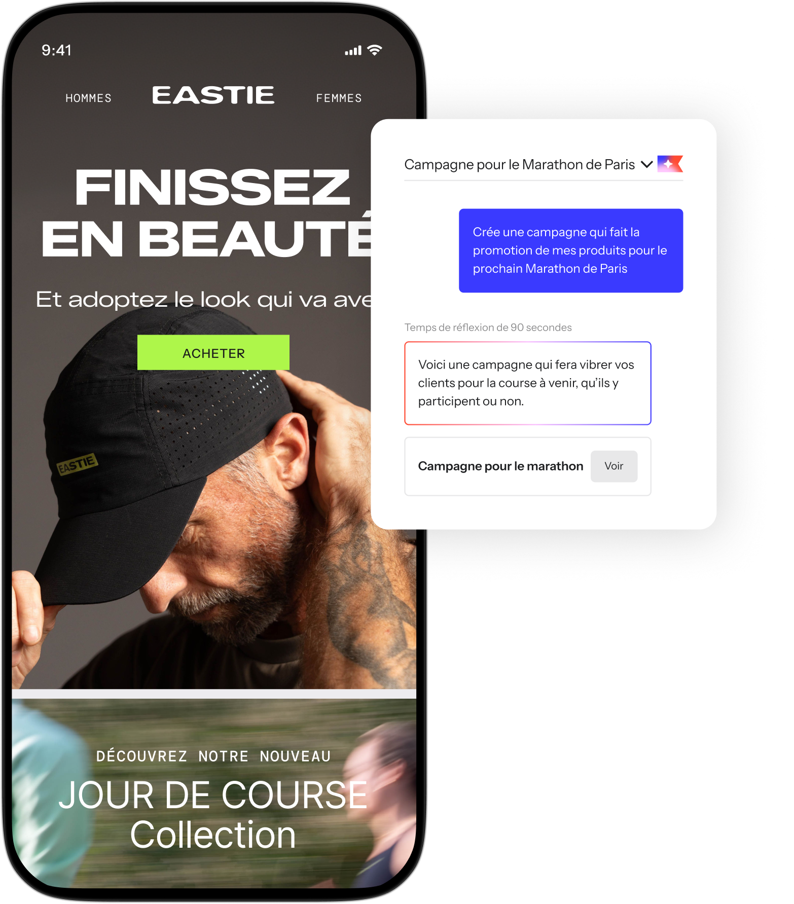 Klaviyo Composer generating a Boston Marathon campaign for Eastie, alongside a phone preview of the finished email