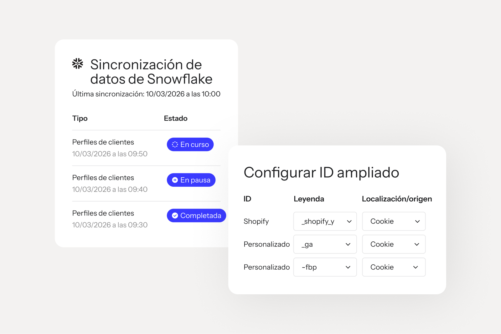 Tarjetas de interfaz que muestran estados de sincronización de datos de Snowflake y campos de configuración de Extended ID.