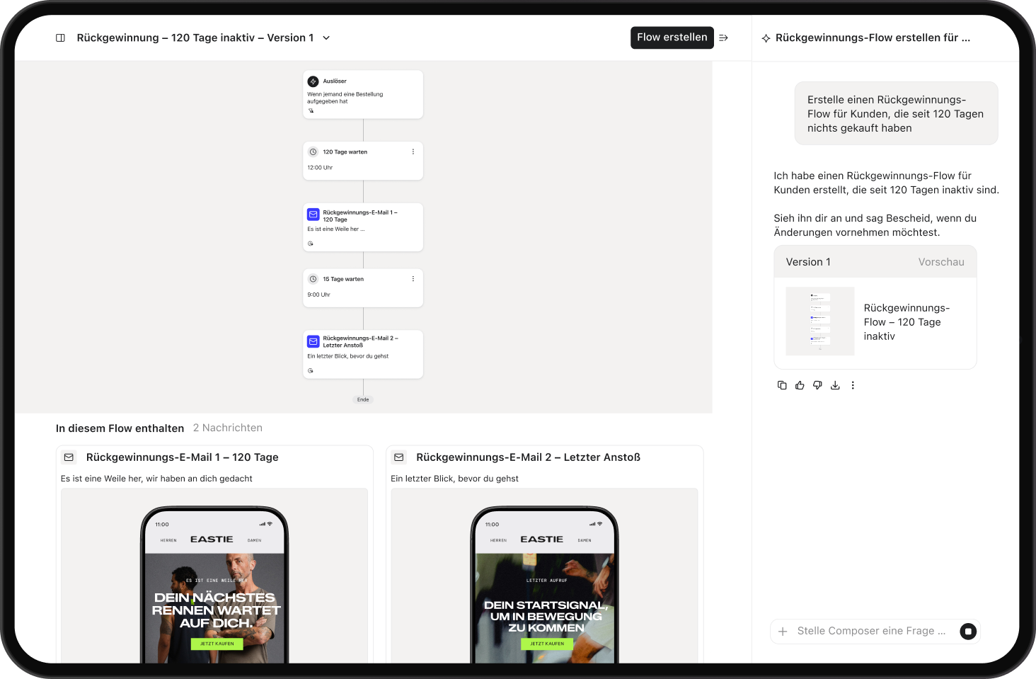 Marketing automation interface showing a 120-day customer winback flow with two email messages and an AI assistant.
