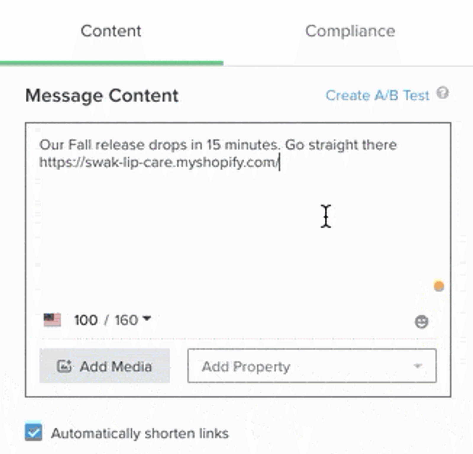 Image shows a back-end dashboard for setting up an SMS A/B test.