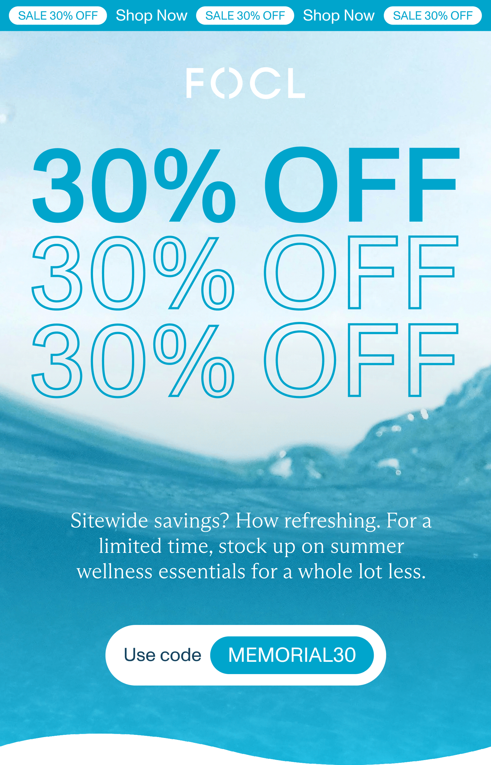 Image shows a marketing email from FOCL in which the main image—text that reads “30% off” 3 times in a row—flashes.