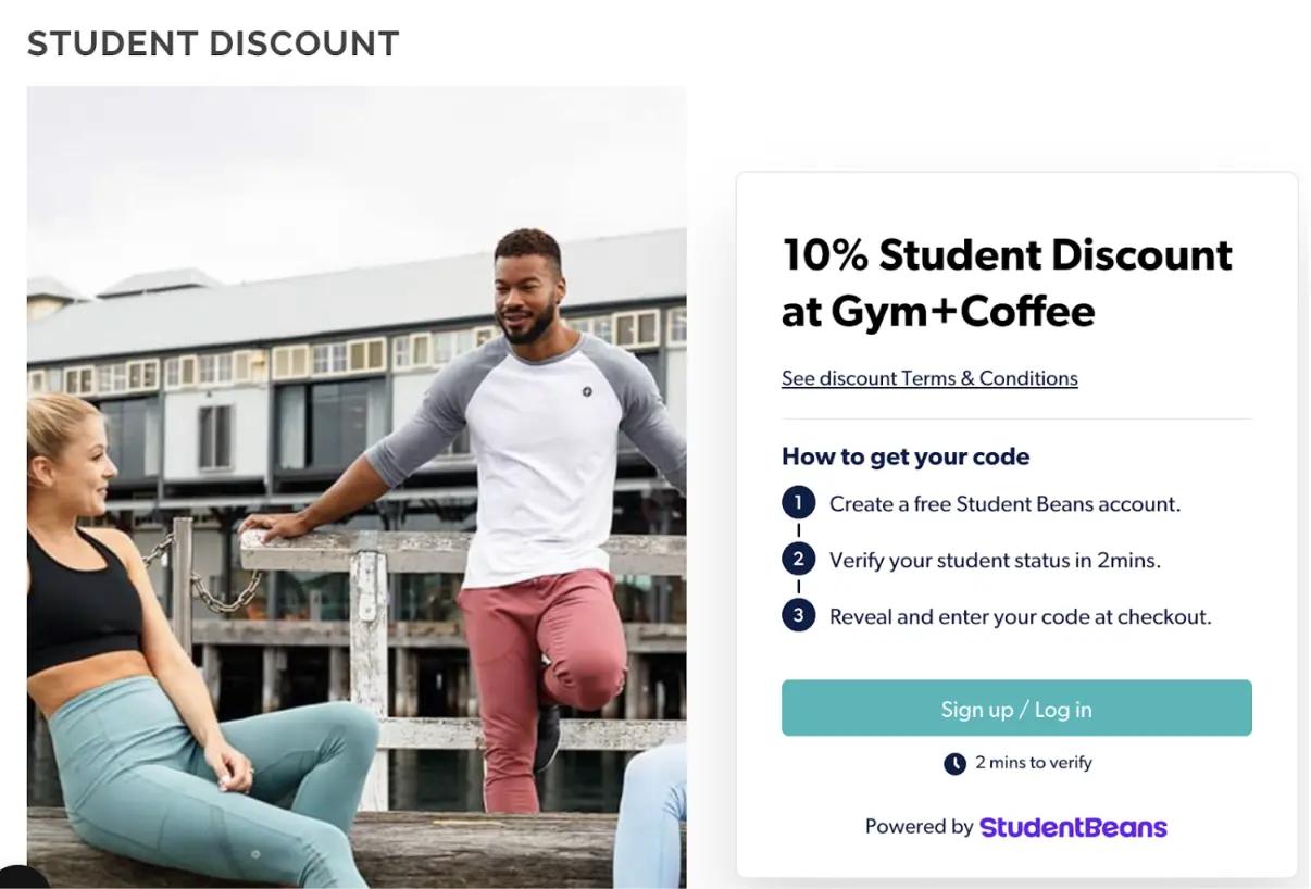 Two people in athletic wear near a waterfront. Text offers a 10% student discount at Gym+Coffee via Student Beans.