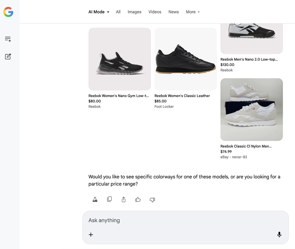 Screenshot of Google AI Search showing product recommendations for Reeboks that are stylish and good for running and weightlifting, with a follow-up question for the user: “Would you like to see specific colorways for one of these models, or are you looking for a particular price range?” Above the question are 4 images of shoes, each of a medium size, in mostly black and white, neutral colors.