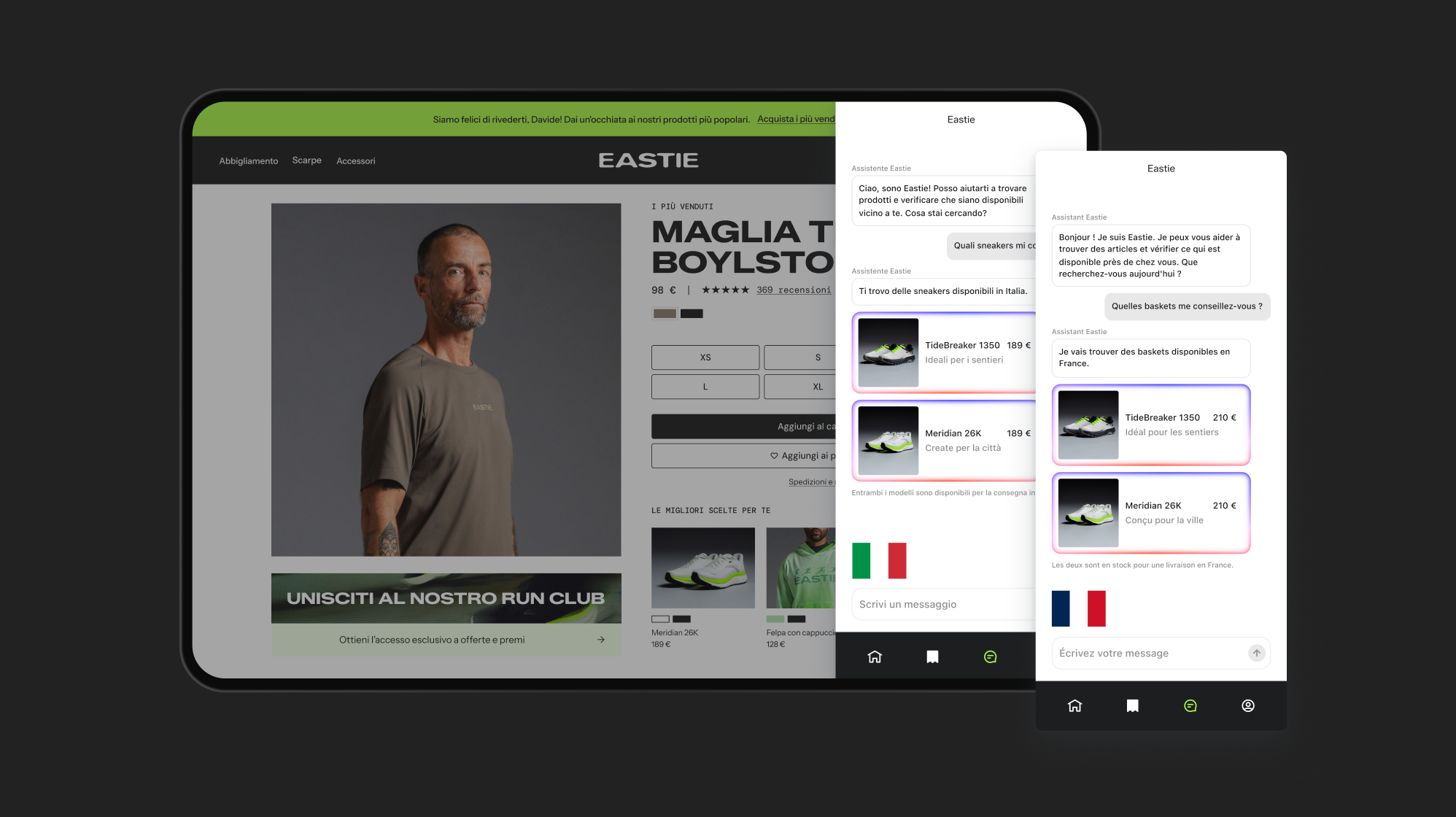 E-commerce product page on a tablet with two overlaid smartphone screens displaying a multilingual AI chatbot recommending running shoes.