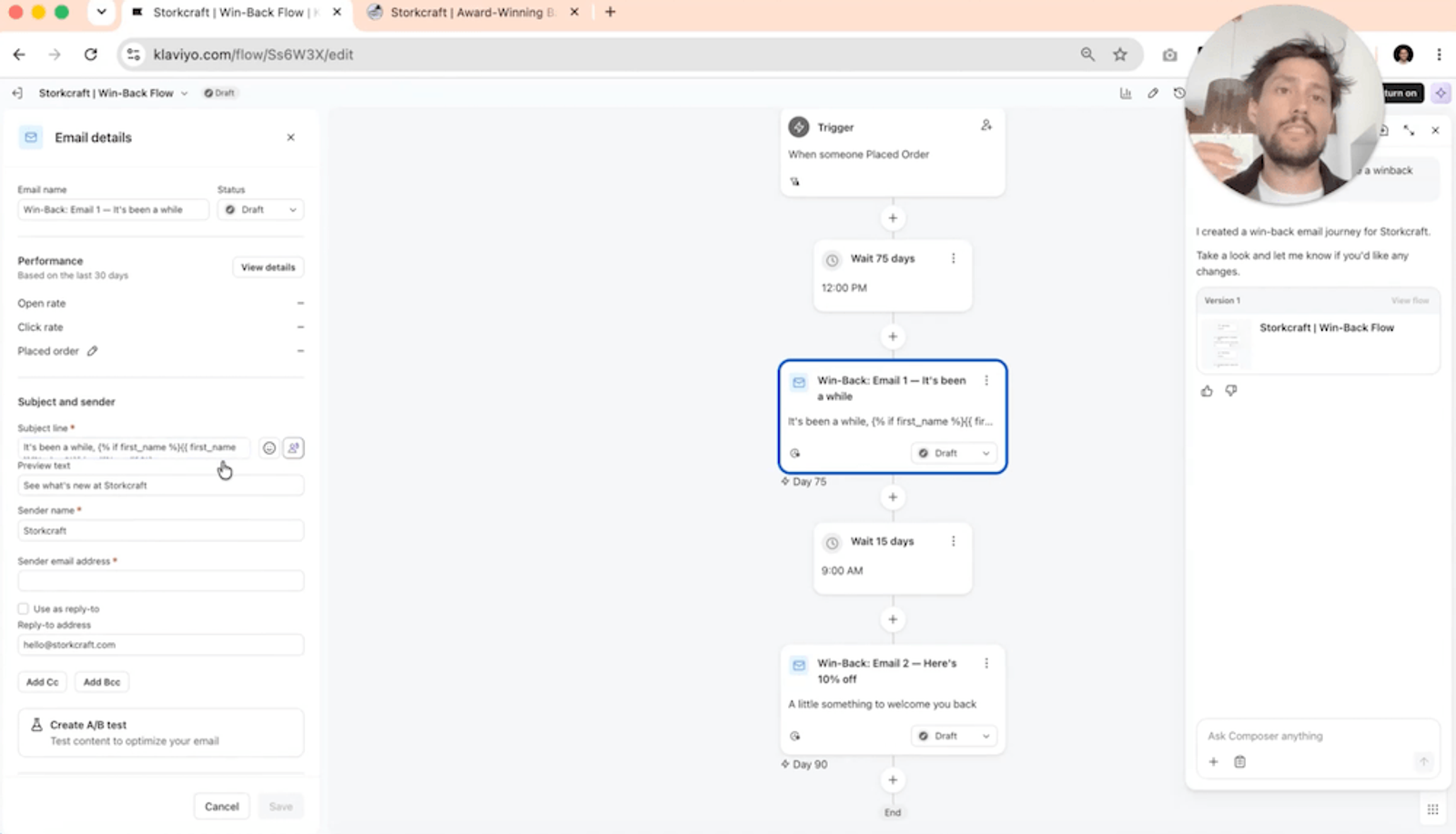 Klaviyo email marketing platform showing a win-back automation flow, email details, and a man's face in the corner.