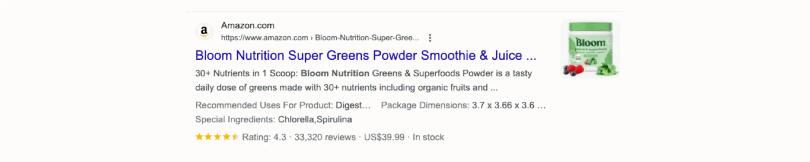 Amazon listing for Bloom Nutrition Super Greens Powder with a 4.3-star rating from 33,320 reviews. Price: US$39.99. In stock.