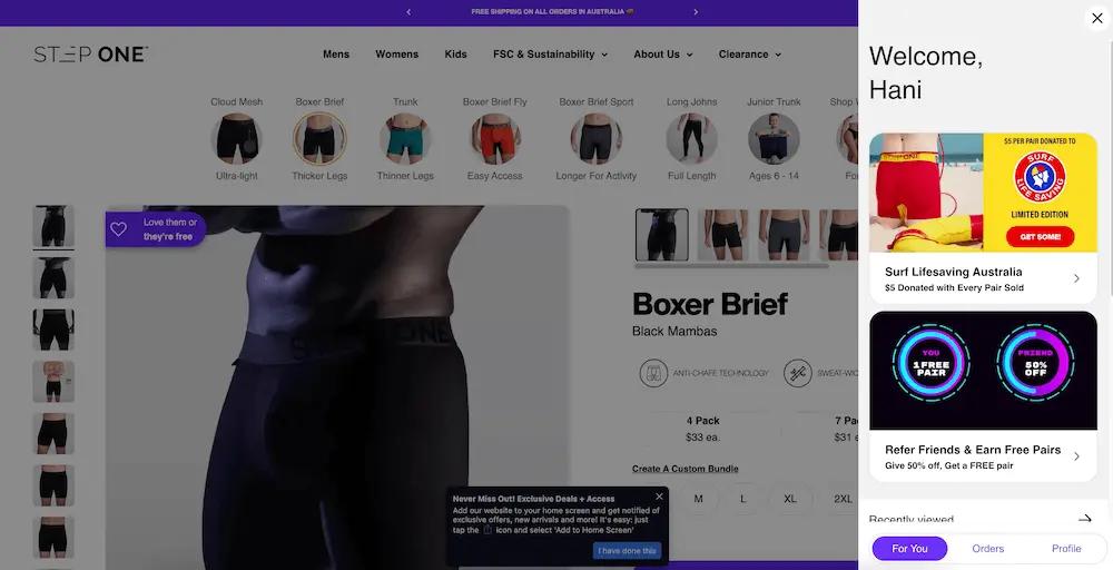 Image shows the StepOne’s homepage with the shopper logged in. The shopper can still see what they’re browsing, along with a welcome message on the right with personalized offers.