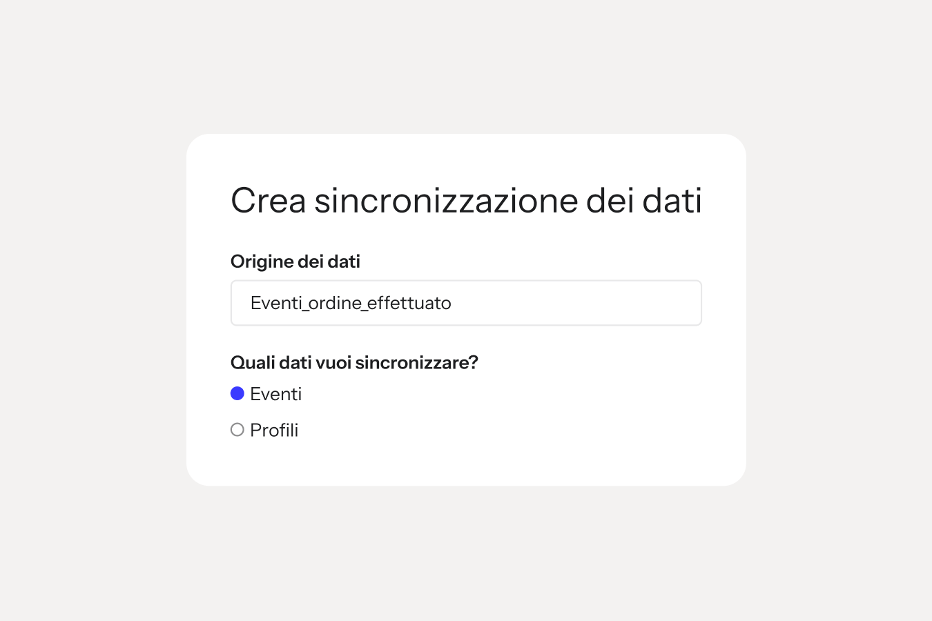 Modulo di creazione della sincronizzazione dei dati con Events_placed_order come origine dati ed Events selezionato.