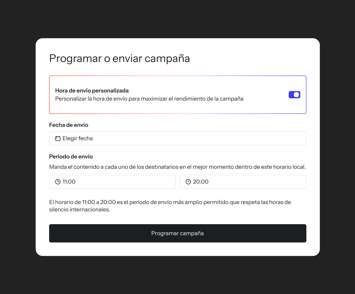 The "Schedule or send campaign" panel with Personalized Send Time toggled on, a sending window set from 11:00 AM to 8:00 PM, and a "Schedule campaign" button.