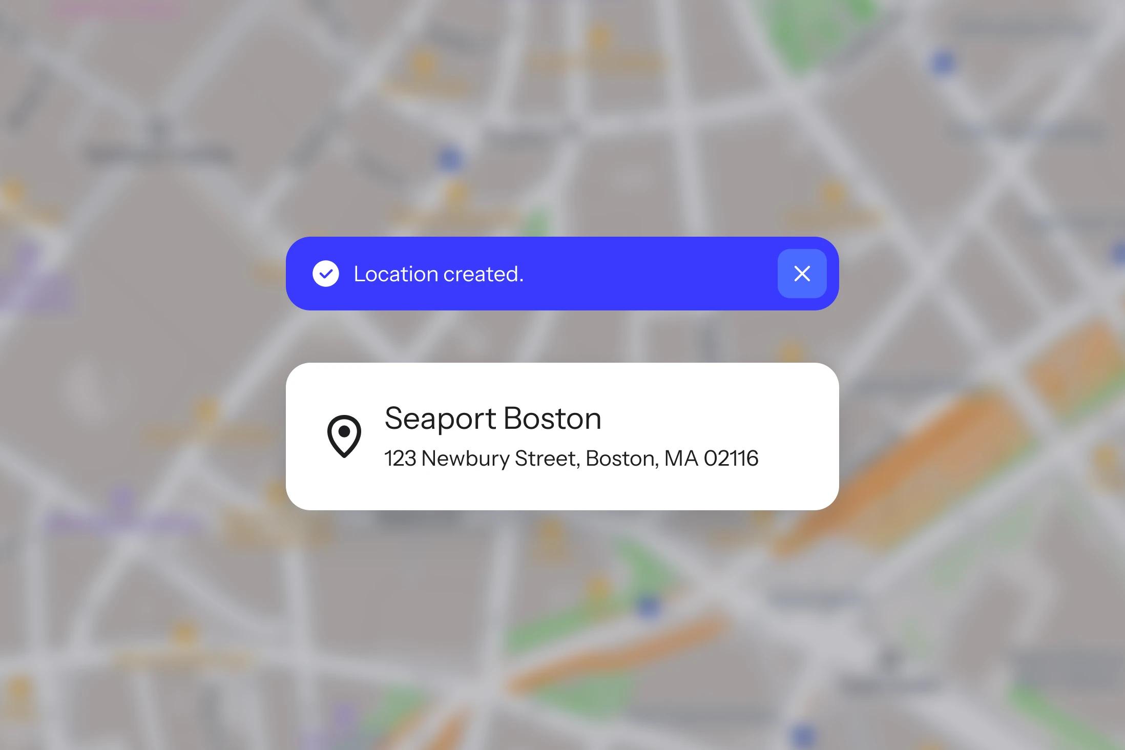 Map confirmation showing Seaport Boston created at 123 Newbury Street, Boston, MA 02116.