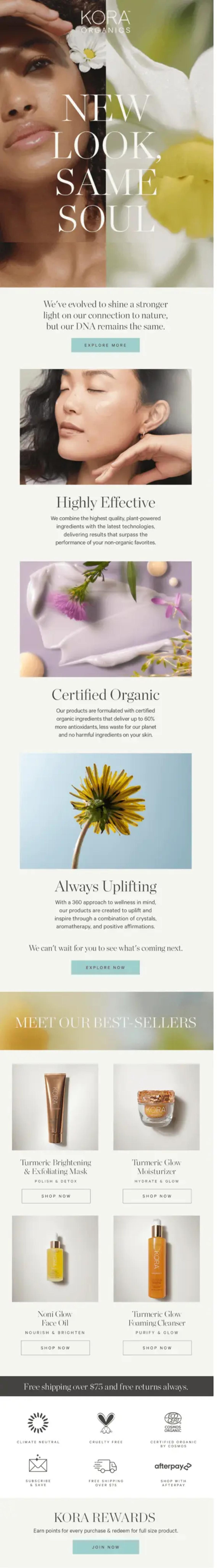 Image shows an email taken from a series of emails from KORA Organics introducing brands’ mission and values to a new subscriber.