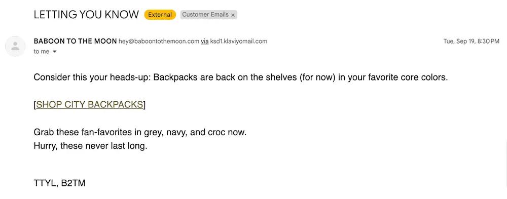Image shows a very simple plain text marketing email from BABOON TO THE MOON.