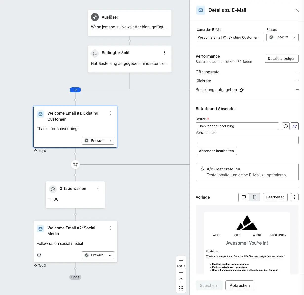 E-Mail-Automatisierungs-Workflow mit Willkommensnachrichten für bestehende Kunden und Social Media, inklusive Bearbeitungsoptionen.
